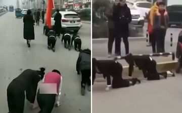 چهار دست و پا راه بردن کارمندان زن در خیابان! +فیلم 