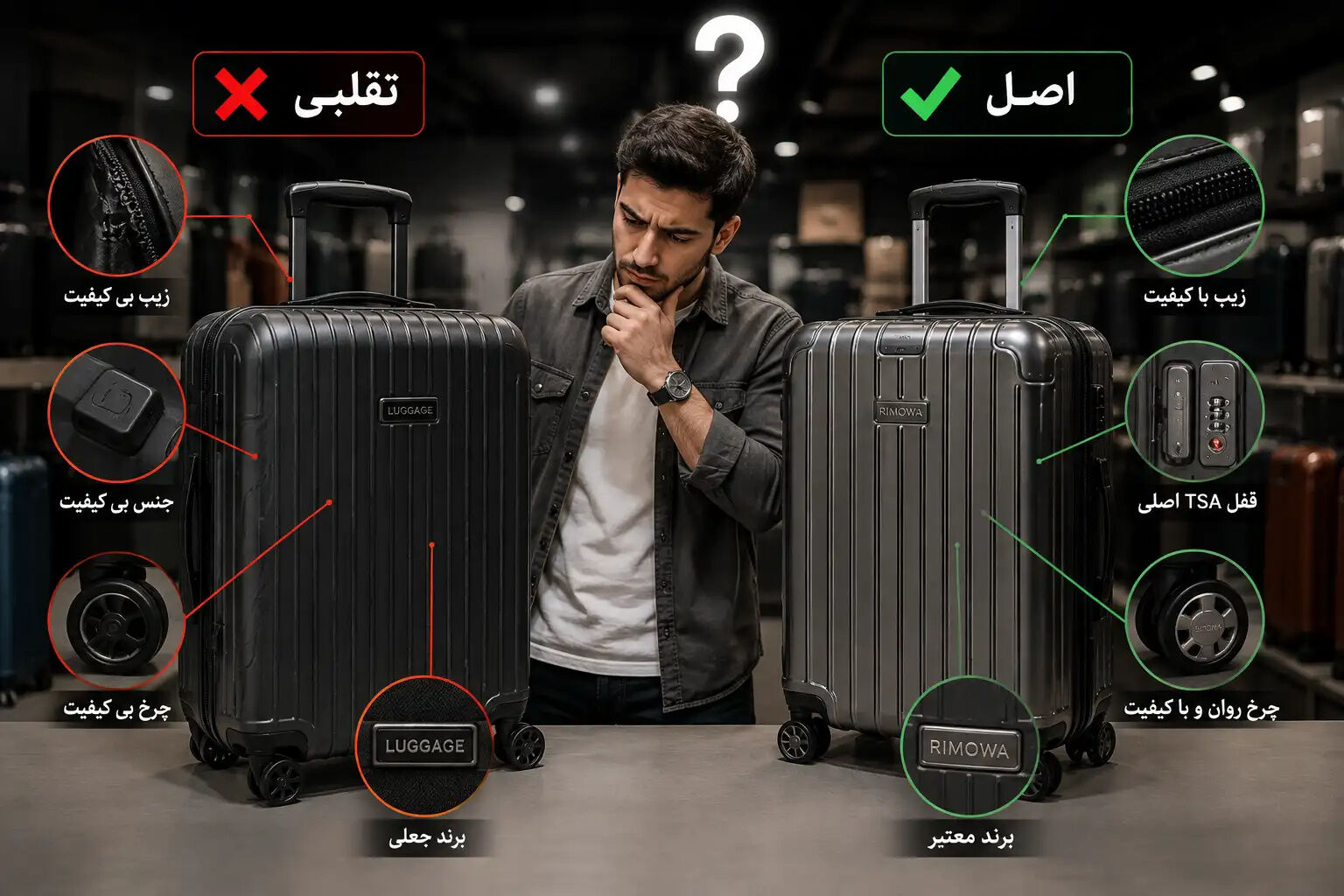 ۶. تشخیص ندادن چمدان اصل از تقلبی