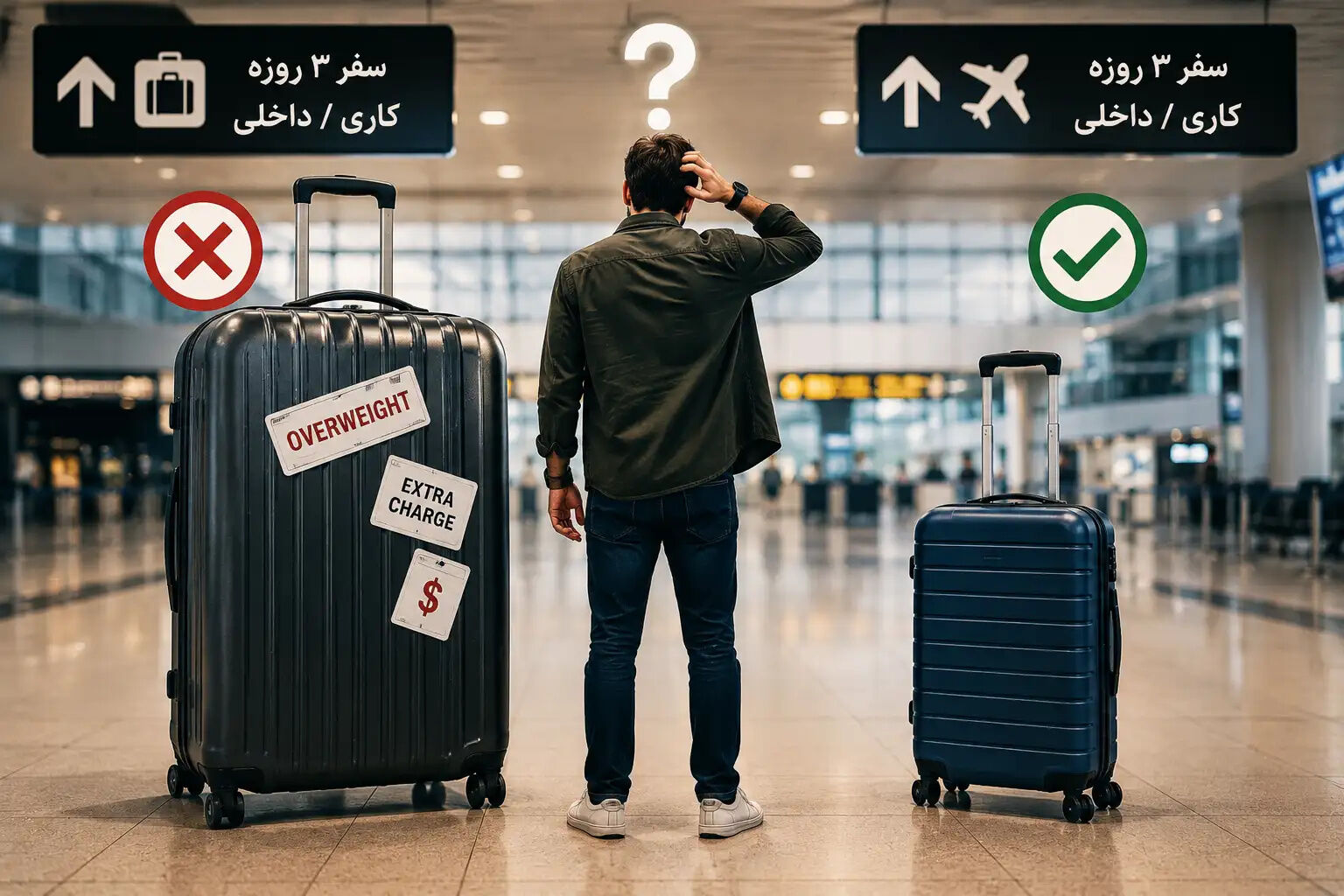 ۴. خرید چمدان با سایز نامناسب برای نوع سفر (کاری، خانوادگی، کوتاه‌مدت)